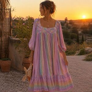 Vtg 70s RAMONA RULL hippy boho mirror ruffle  Bell Sleeve Dress sz  3X
